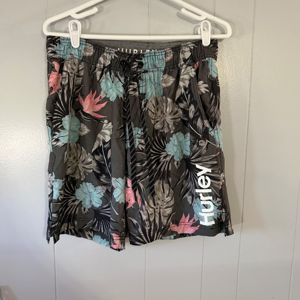 Hurley‎ Board Shorts Mens Medium Grey Floral Tropical Swim Trunks Logo EUC